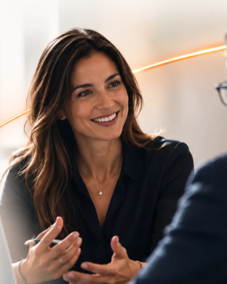Executiva sorrindo durante uma conversa de trabalho