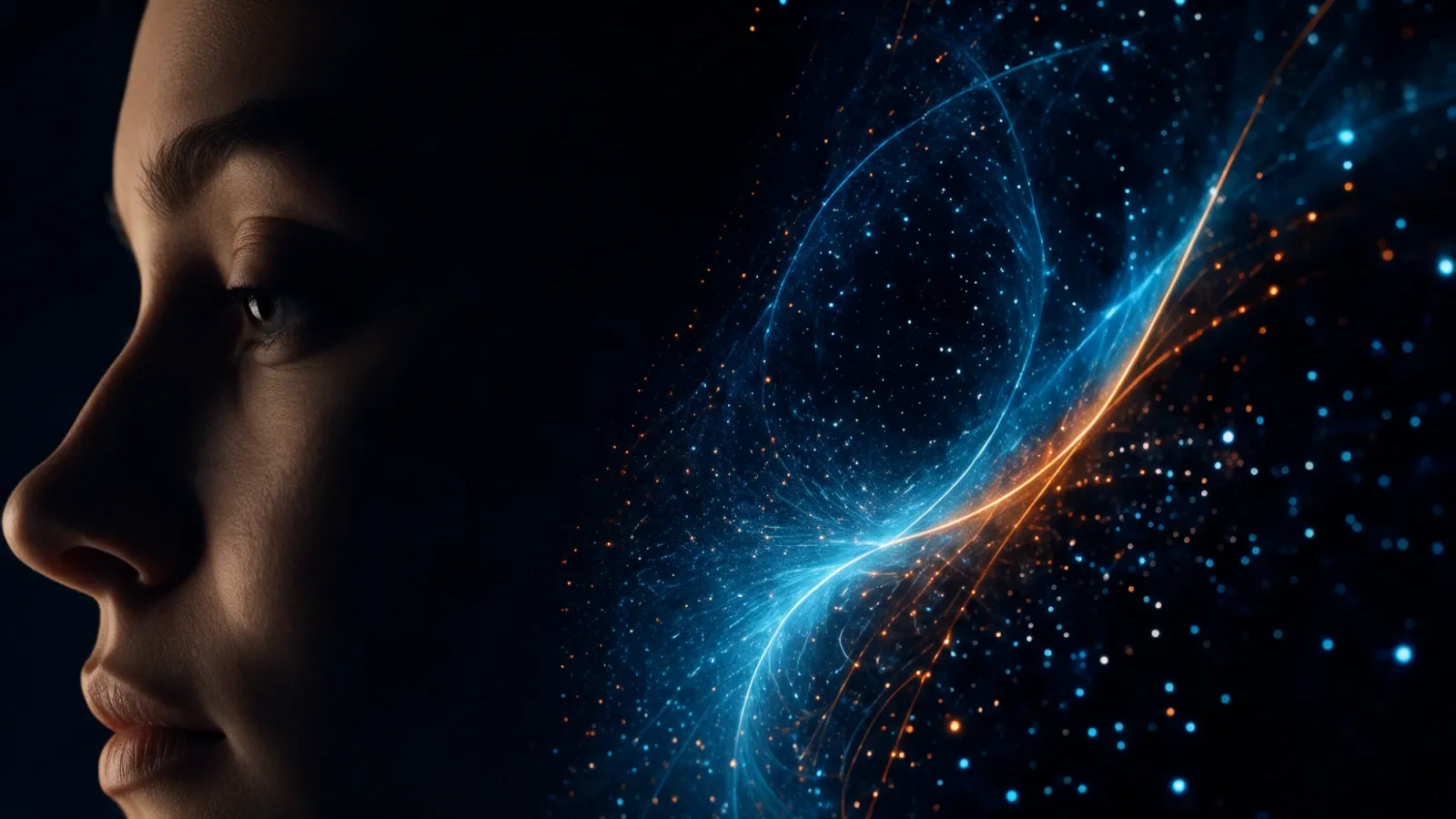 Perfil de um rosto ao lado de partículas de luz azul e laranja