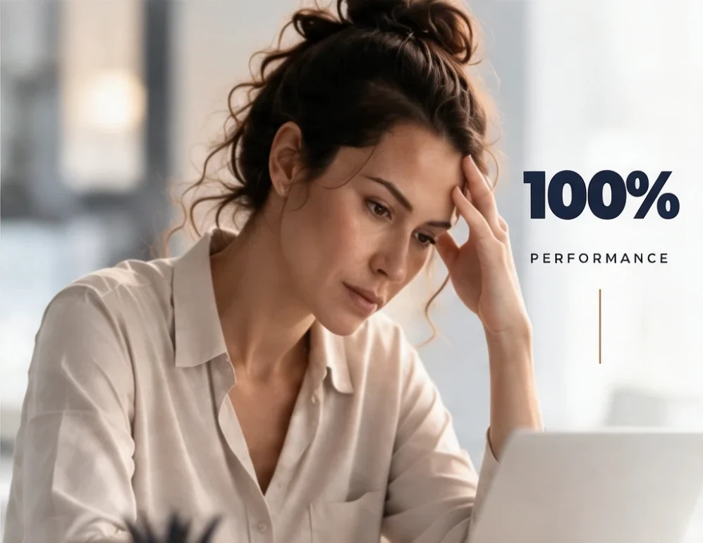 100% de performance: profissional exausta, com a mão na testa, diante do notebook