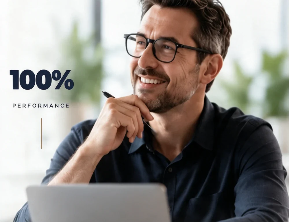 100% de performance: profissional sorrindo diante do notebook